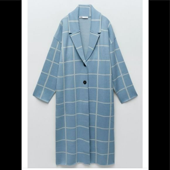NWT ZARA PLAID COAT BLUE WHITE M BLOGGER'S FAV - Picture 9 of 11